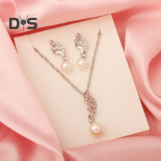 2Pcs/Set Women Jewelry Set Imitation Pearl Rhinestones Inlaid Necklace Drop Earrings Set Wedding Accessories