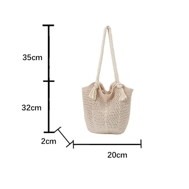 Portable Bohemian Knitted Shoulder Bag Hollowed Out Solid Color Casual Woven Handbag Sweet Soft Crochet Tote Bag CLE