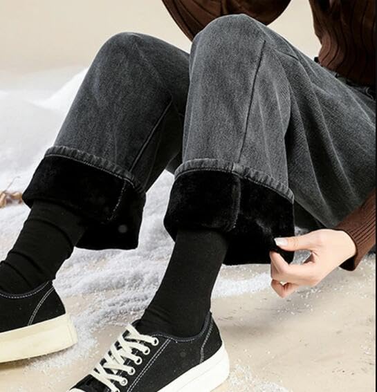 Bobo Hanhan Denim Pants with Fleece Adjustable and Perfect for Fall and Winter & Women's Wide-Leg Lining, Waist, High-Waisted Pants, Leg-Shaping,