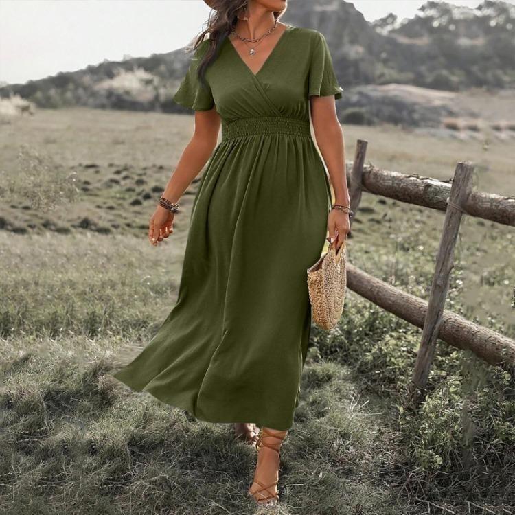 Sexy V Neck Wrap Waist Maxi Dress Women Summer Long Dress A Line Side Slit Solid Color Casual Comfortable Sleeve Fashion