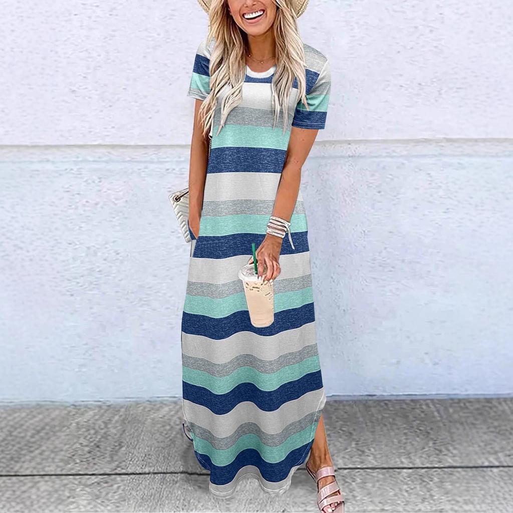Women's Round Neck Short Sleeve Maxi Dress Loose Fit High Waist Solid A Line T Shirt Dress With Side Pockets