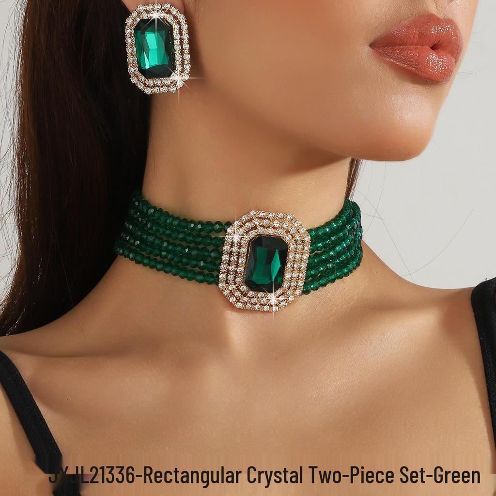 Set Colier Choker Geometric Rectangular din Sticlă de Cristal Multistrat de Lux și Cercei