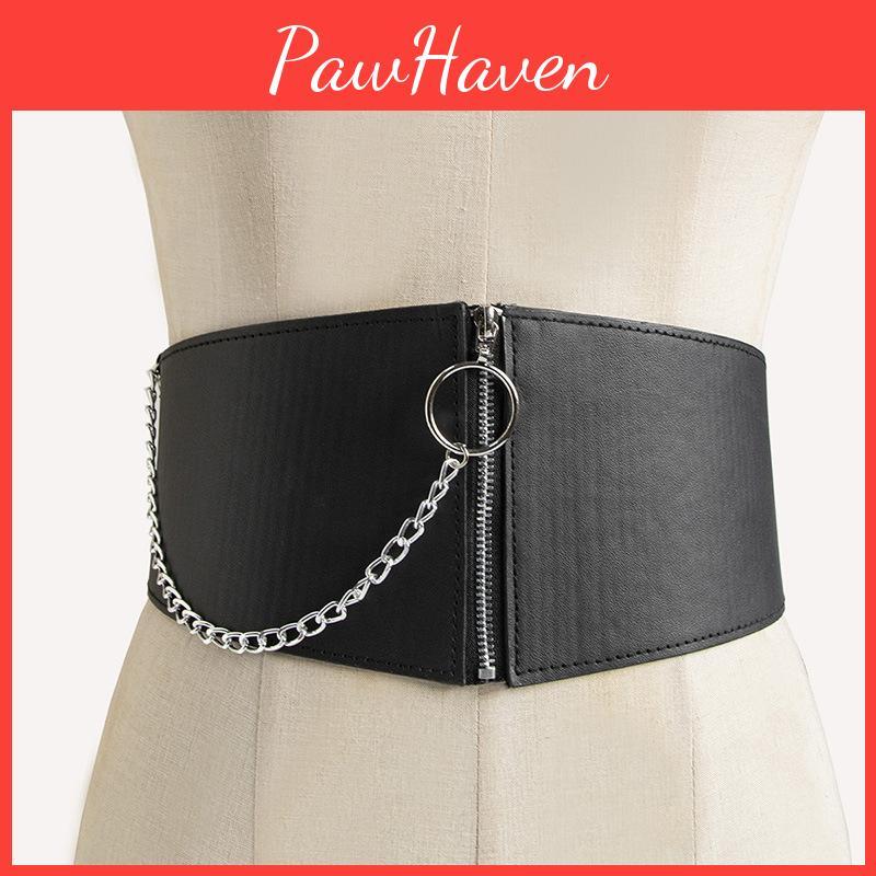 Casual Designer Faux Leather Waist Band With Chain Decoration And Metal Snap For Youth Fashion