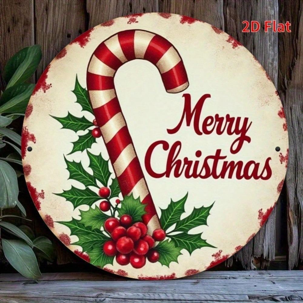 Vintage Textured Metal Tin Sign Christmas Decor Candy Cane Holly Rustic Holiday Wall Art for Home Porch Living Room Bedroom