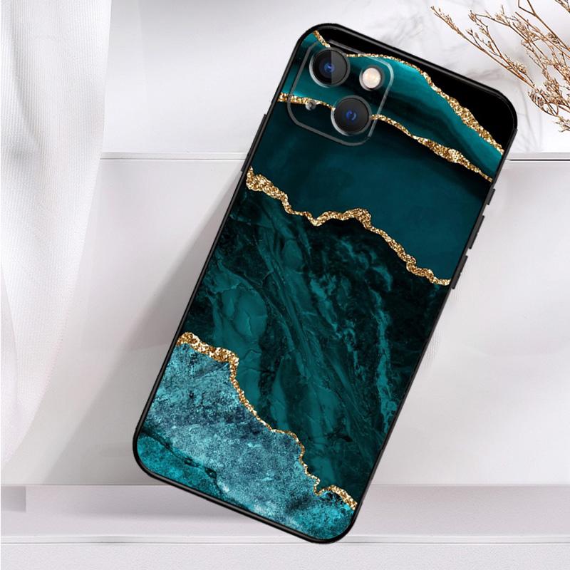 Teal Blue Gold Agate Marble Shockproof Case For iPhone 17 Pro Max 11 14 15 16 Plus 12 13 Mini 16e 17 Air Phone Cover