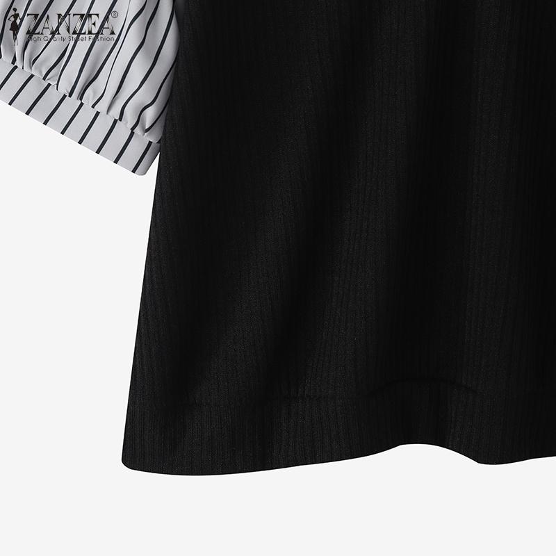 ZANZEA Women Casual Turn Down Collar Stripe Patchwork Half Sleeve Blouse
