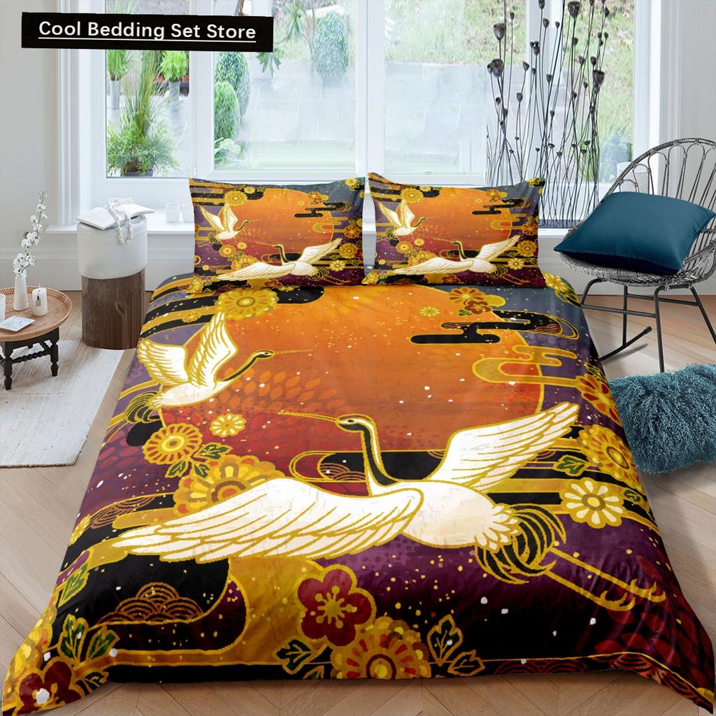 Japanischer Kranich-Bettbezug, King- und Queen-Size-Bettwäscheset mit Wellenblume im Ukiyo-e-Stil, östliche Kultur, 2/3-teilig, Polyester-Bettbezug