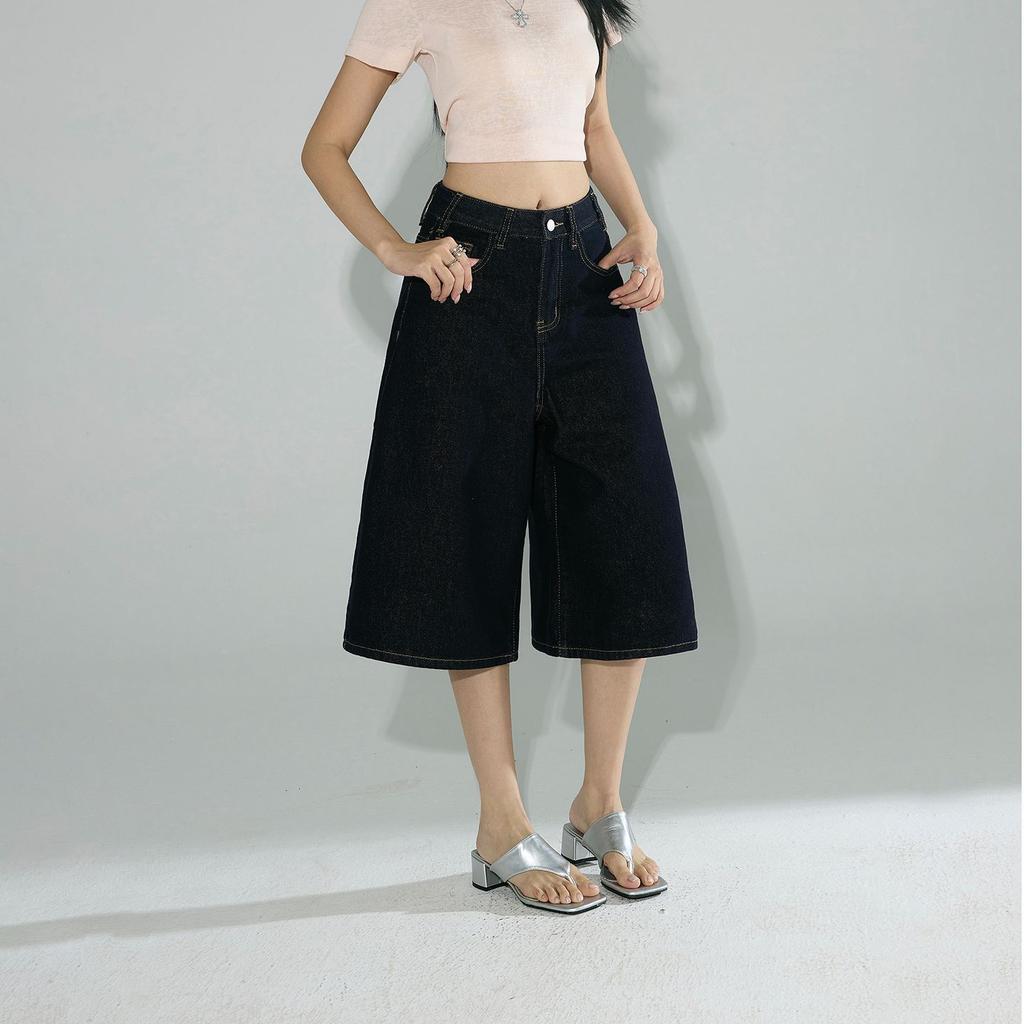 Fashion Summer Four Color Vintage High Waist Loose Wide Leg Straight Slimming Cropped Capri Denim Pants For Women Trendy Versatile AllMatch Design