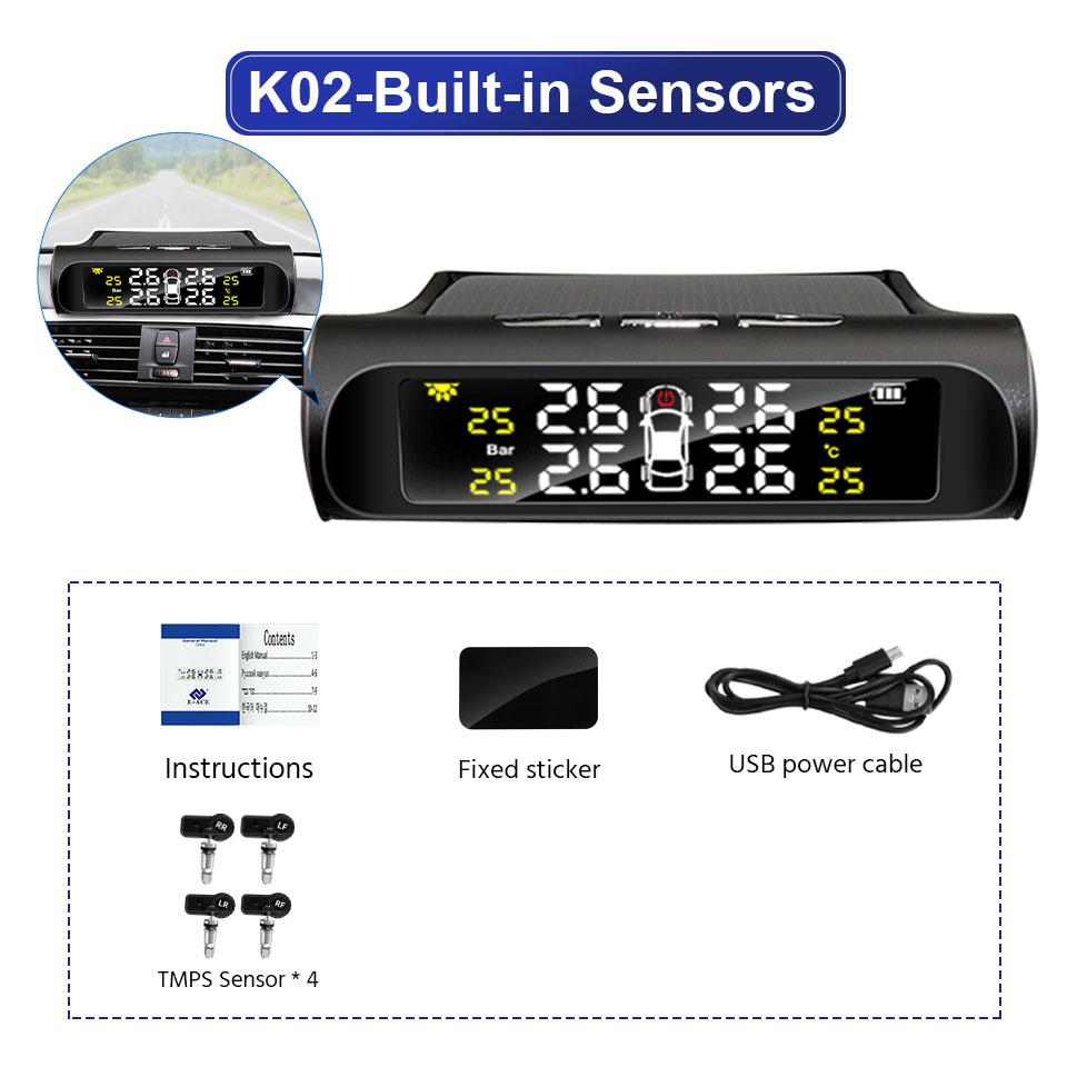 Yangood TPMS Car Tire Pressure Warning Alarm Digital Colorful Display USB Solar Charging 4 Built-in&External Sensors Waterproof K02-Built-in Sensor