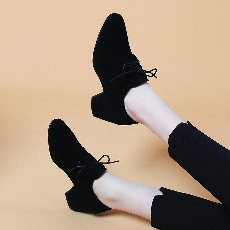 Round head deep mouth single shoes women's spring new lace-up thick heel women's shoes black work shoes women's sheepskin leather shoes