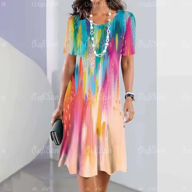 Women Vintage Short Sleeve 3d Print Midi Dress Comfortable Beach Dresses