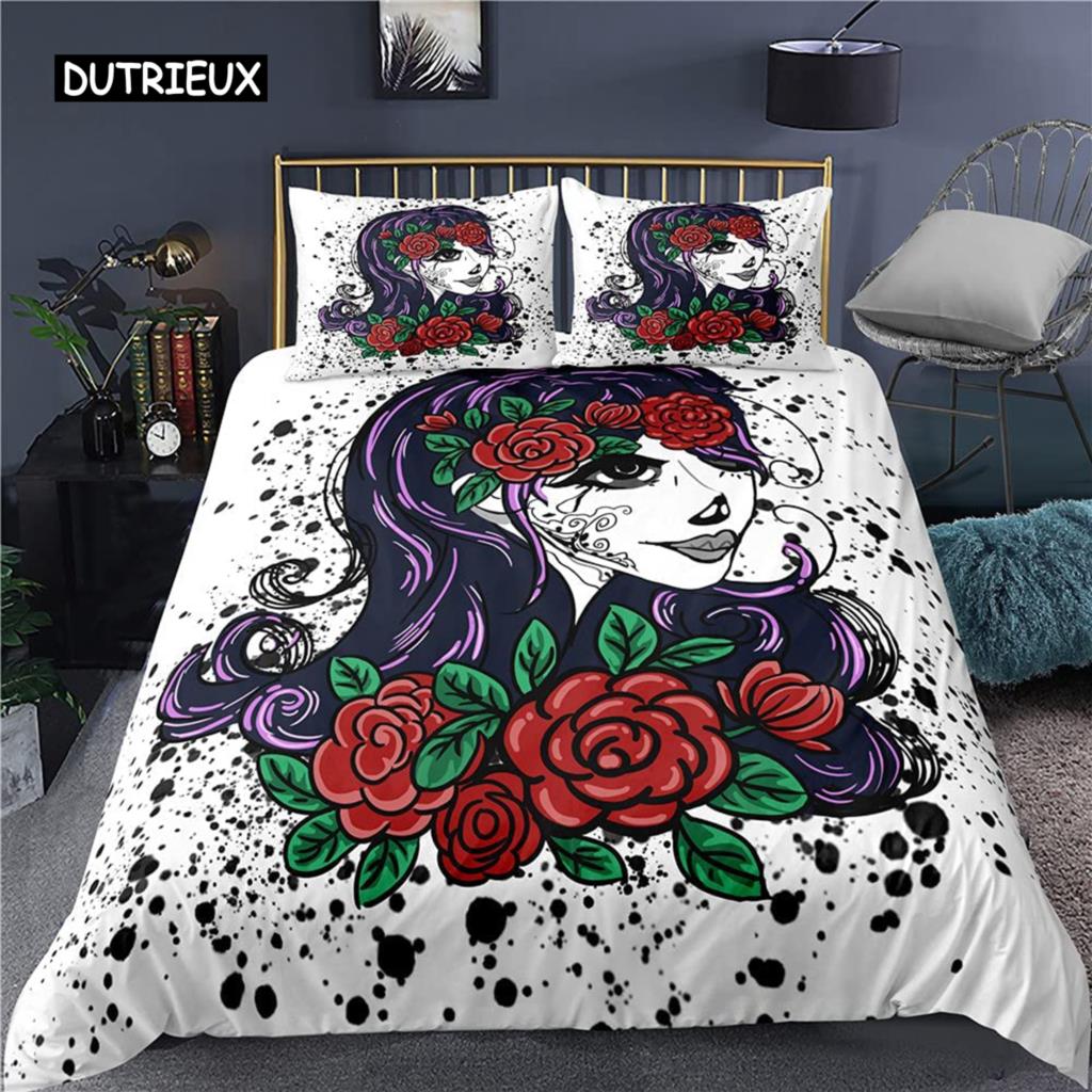 Sugar Skull Duvet Cover Set, Monochrome Skull with Roses Leaves and Diamond Shape Folklore Festival Print,Decorative Bedding Set