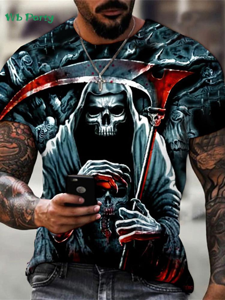 Retro skull 3D print men's T-shirt, summer street style men's top, fashionable round neck short-sleeved T-shirt, new loose fit men's clothing.