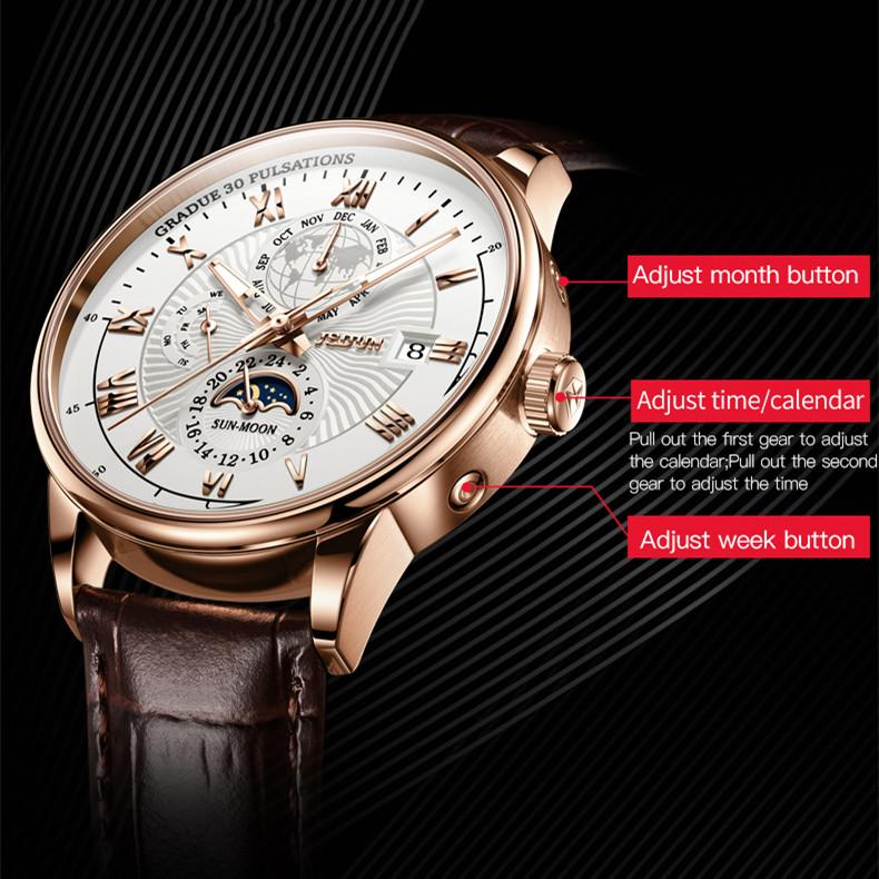 JINSHIDUN Neue Business- und Freizeit-Herrenuhr Automatische mechanische Uhr Drei-Augen-Sechs-Zeiger-Uhr Modetrend Herrenuhr