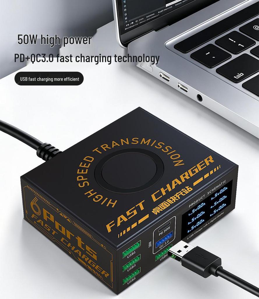 6-Port USB Charger with 20W PD Fast Charging and Digital Display - Universal Type-C Desktop Station for Mobile Phones