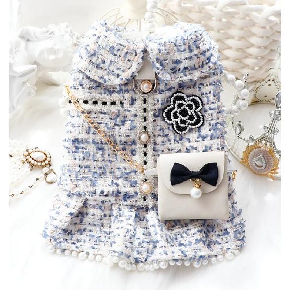 Pink Pearl Luxury Brand Classic Design Pet Clothes Winter Small Dog Dress With Snack Bag