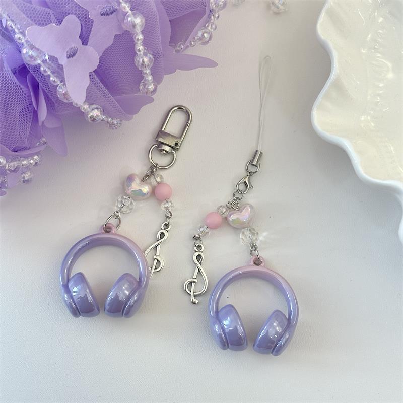 Cute Sweet Headphones Love Beads Mobile Phone Chain Lanyard Keyring Keychain Pendant Backpack Charm Bag Hang Ornaments Girl Gift