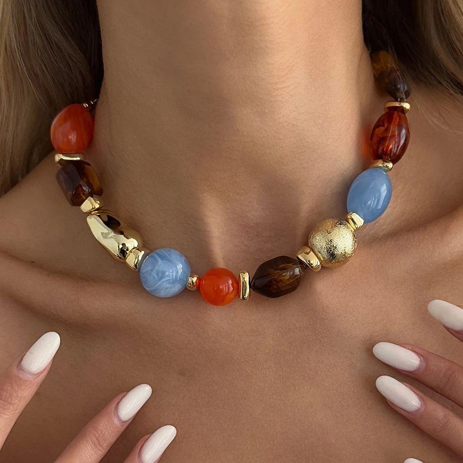 SHIXIN New Bohemian Colored Resin Beaded Beaded Chokers Necklaces for Women Vintage Elegant Adjustable Clavicle Chain Jewelry