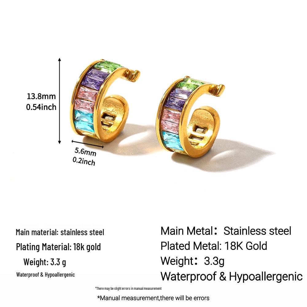 18K Gold Vacuum-Plated Stainless Steel Zirconia C-Shaped Stud Earrings - Waterproof Titanium Steel Ear Clips for Women.