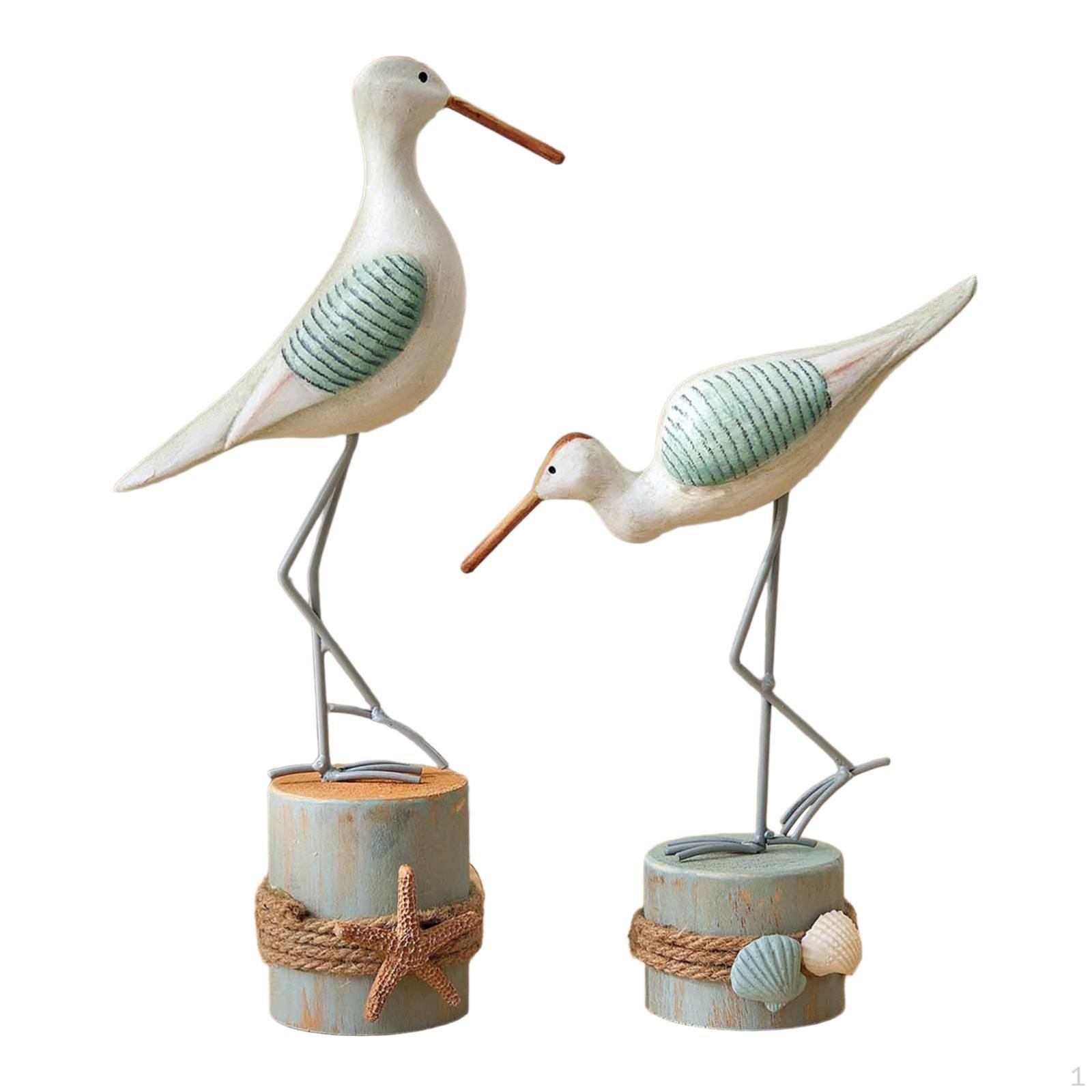 

2x Sea Bird Figurines Wood Sculptures Mediterranean Desktop Ornaments Seagull Statues for Backyard