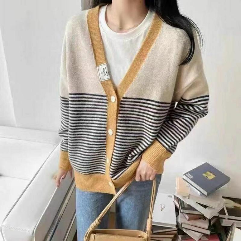 

Ленивый стиль V-образный вырез полосатый вязаный кардиган для женщин весна и осень свободный и универсальный утягивающий свитер куртка модный One Size жёлтый