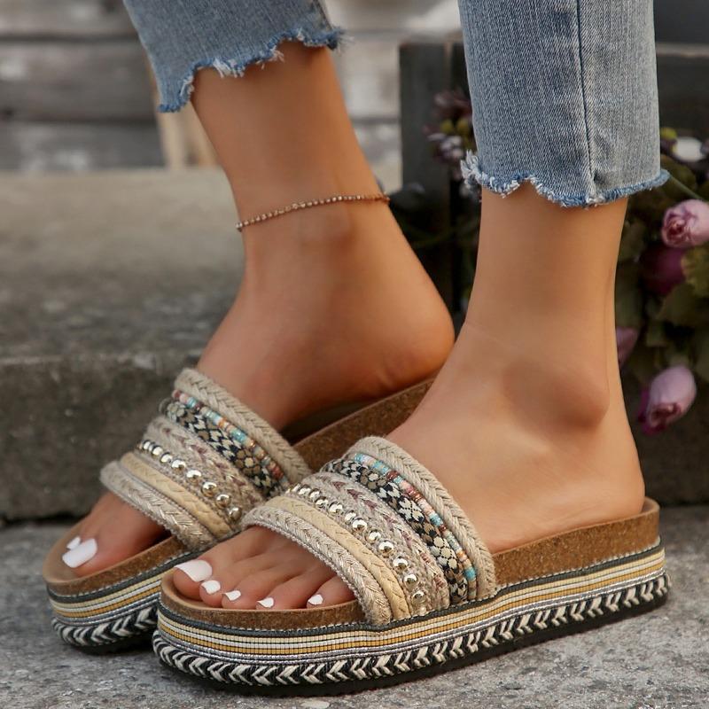Women's Fashion Ethnic Style Platform Slippers Women's Bohemian Twine Large Size Beach Slippers