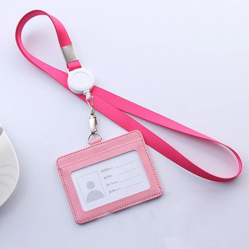 Retractable Lanyards ID Badge Holder Leather Bank Bus Pass Card Case Cover Men Women's Bank Credit Card Holder Strap Cardholder