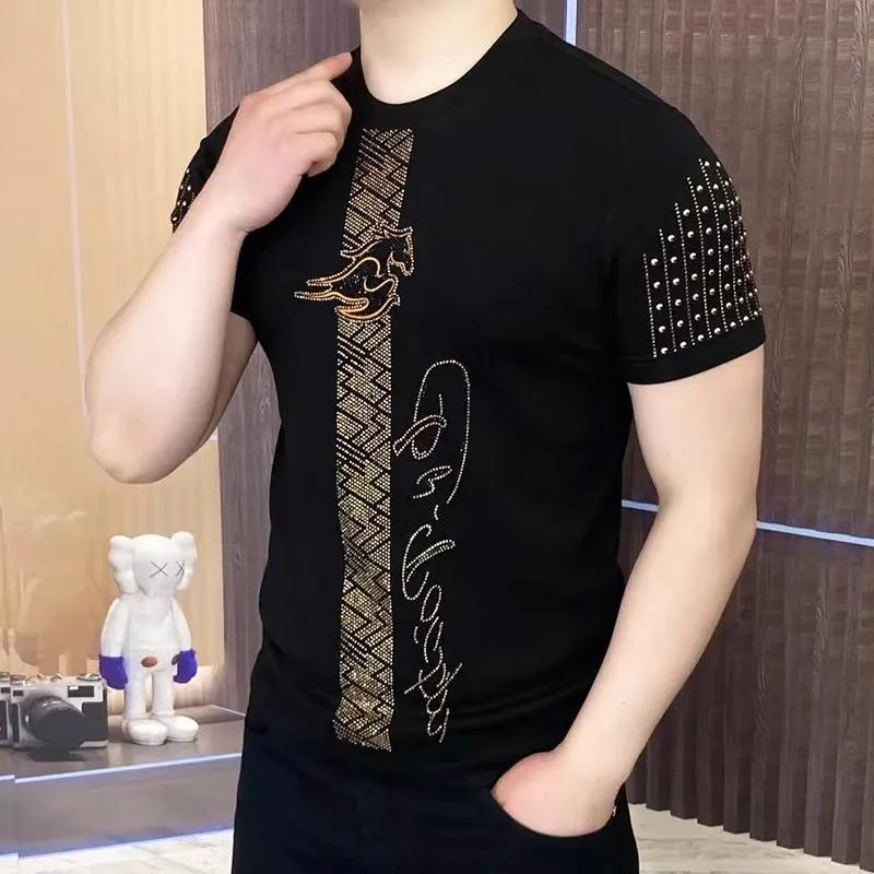 Men Summer Round Neck Luxury Rhinestone Short Sleeved T-shirt Slim Fit Casual Tshirt Social Streetwear Tee Tops 4XL 1898₽
