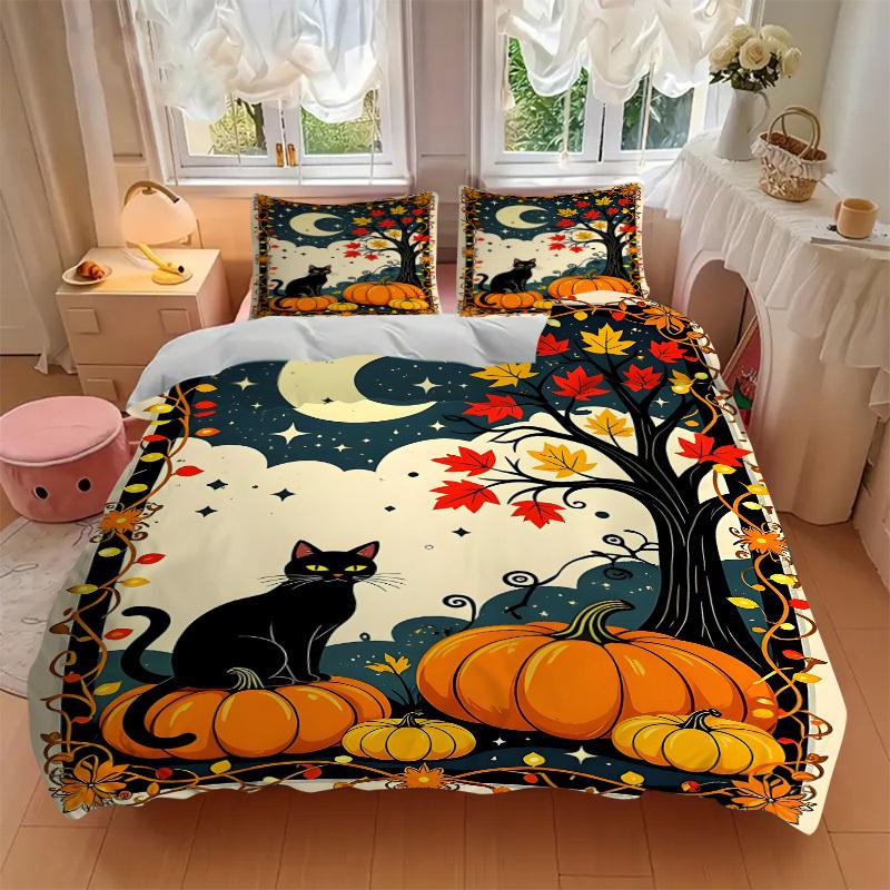 3pcs Autumn Cat Decor Duvet Cover Set -Includes 1 Duvet Cover and 2 Pillowcases, No Quilt Core, All-Season Home Decor yy251111129