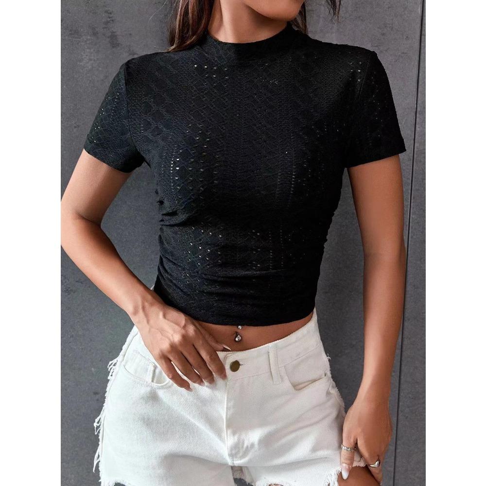 Crop top de moda para mujer con cuello alto y top de manga corta de jacquard de malla
