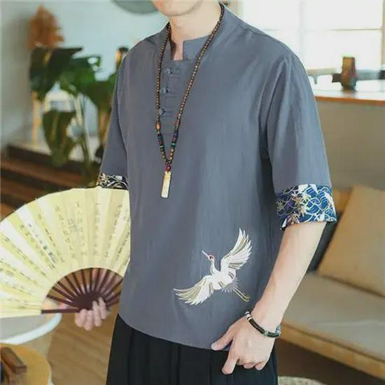 

Мужская футболка с коротким рукавом из хлопка и льна с вышивкой «Китайский журавль» M (80-100 Jin)