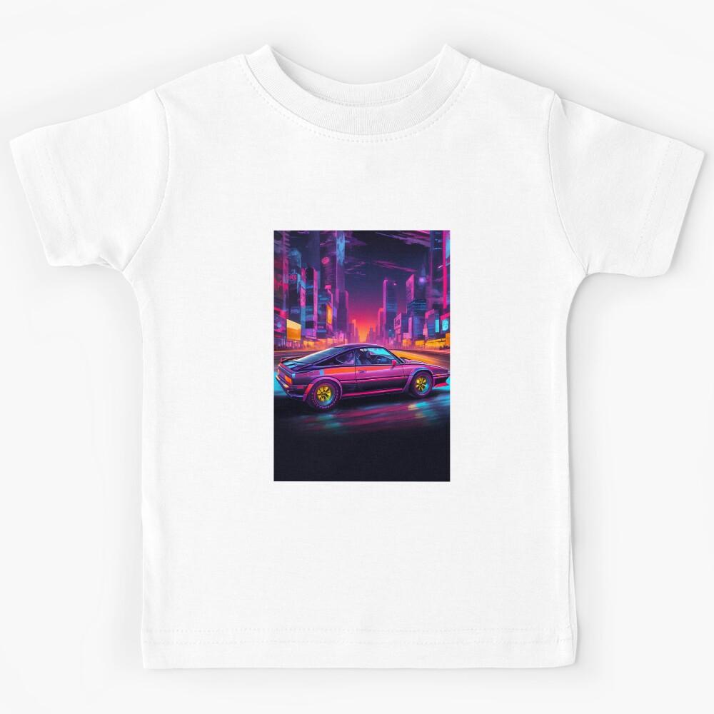 Retro Cyberpunk Car in Neon Cityscape Poster - Futuristic 80s Vibes Kids T-Shirt 170
