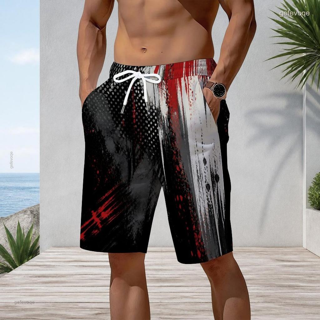 Men Plus Size Colorful Printed Beach Shorts Drawstring Waist Side Pockets Straight Leg