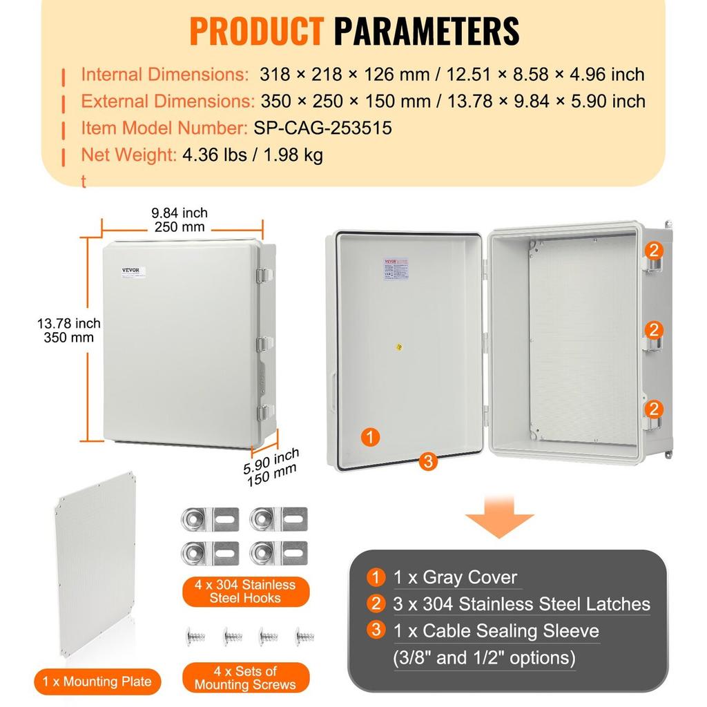 Outdoor Electrical Junction Box, 13.78 x 9.84 x 5.90 in, ABS Plastic Electrical Enclosure Box with Hinged Cover Stainless Steel Latch, IP67 Dustproof