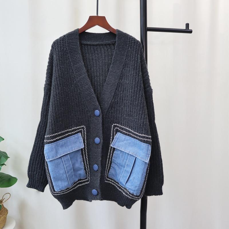 Autumn and winter new loose splicing denim pocket knitted cardigan design sweater jacket women