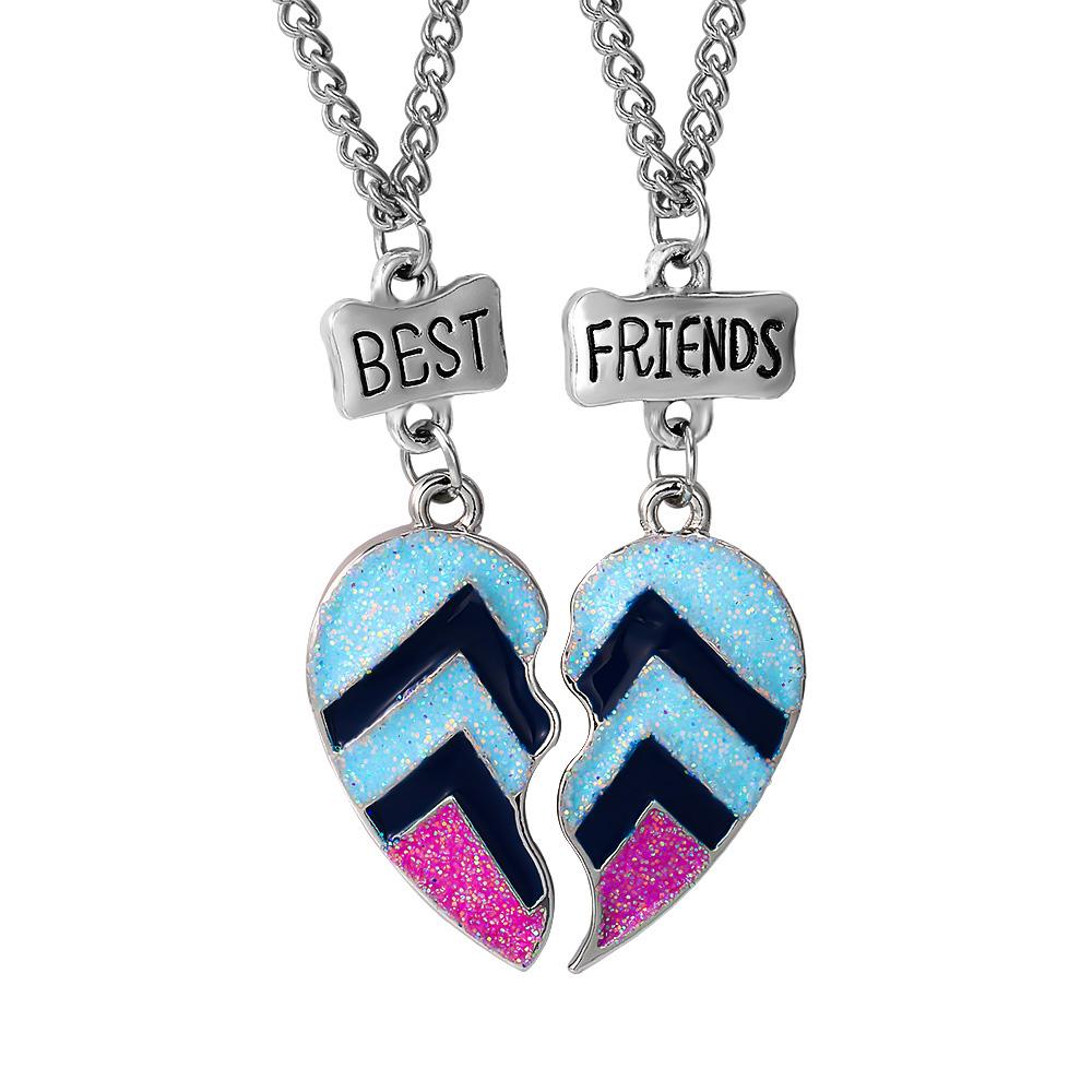 Set di 2 Collane con Ciondolo a Mezzo Cuore Colorato Catena con Perline Fascino Migliori Amici Choker Gioielli BFF Per Bambini Amicizia
