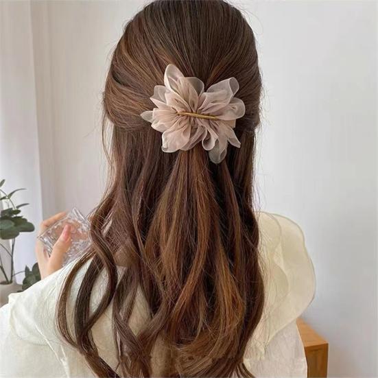 Hairpin Handmade Chiffon Flower 3D Petals Hair Clip with Polished Metal Spring Clip Back Head Bun Hair Accessories