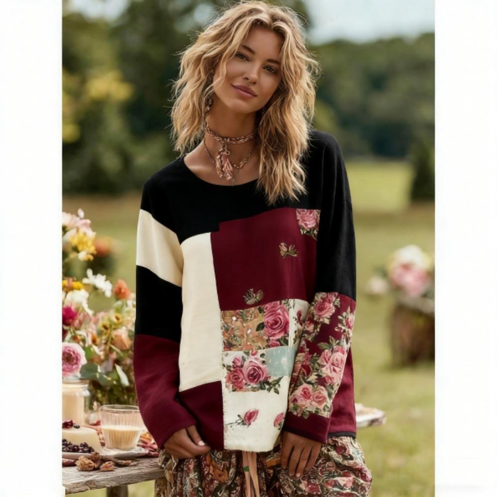 Europe America Fashion Splicing Colors Women's T-shirt Pullover Bohe Style Women Long Sleeve Clothing Outdoor Casual Tees Top