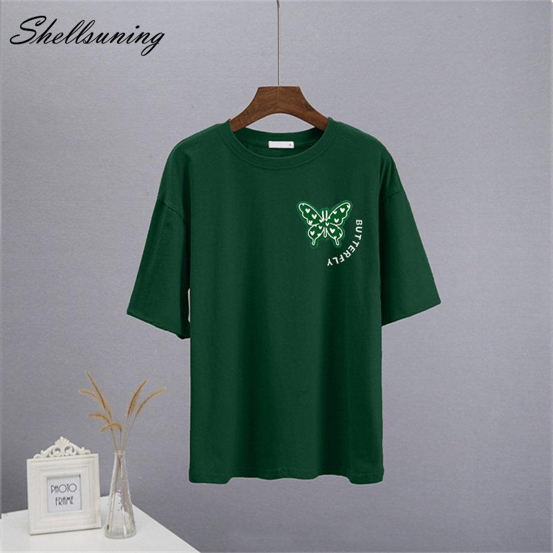 Shellsuning Sommer Baumwolle O Neck T Shirts Frauen Schöne Schmetterling Kurzarm 3D Brief Drucken Tees Lose Weiche Grundlegende Weibliche tops