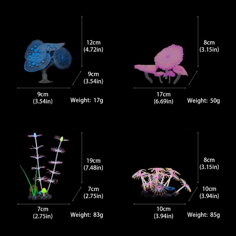 Set aus 4 fluoreszierenden Korallenmoos-Aquariendekorationen in leuchtenden Farben mit lebensechten Details, sicheren und farbintensiven Landschaften