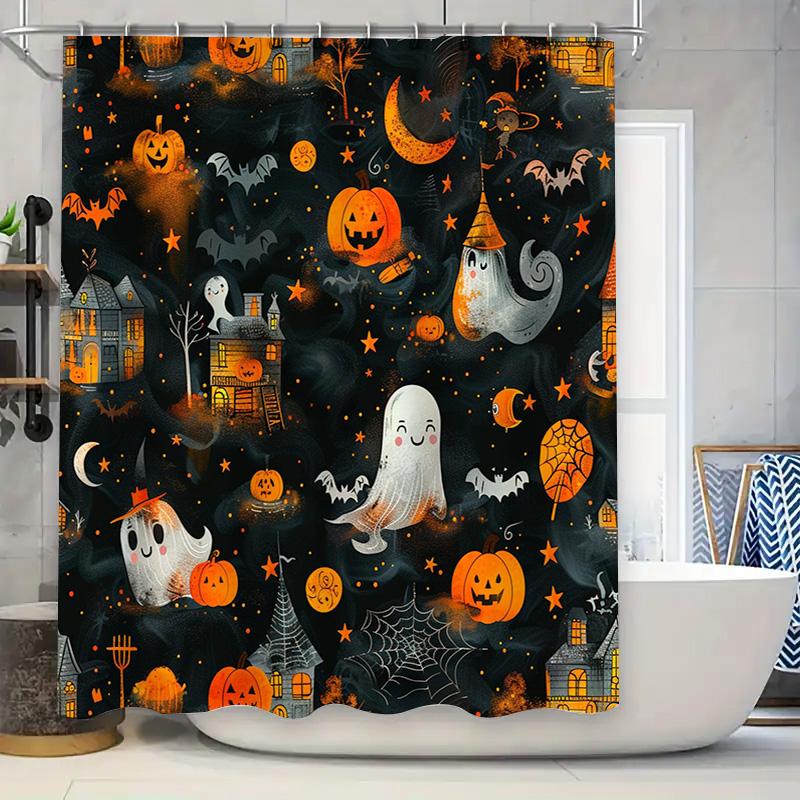 

Halloween Decor Shower Curtain Spooky Ghosts Pumpkins Halloween-Themed Bathroom Shower Curtains For Kids Bathrooms W60H190(CM)-1 Pcs