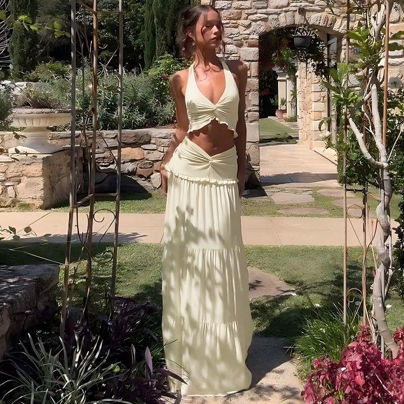 

Frill Sexy Hollow Twist V-neck Hanging Neck Crop Fashion Temperament Skirt Long dress Set Women Apricot color L
