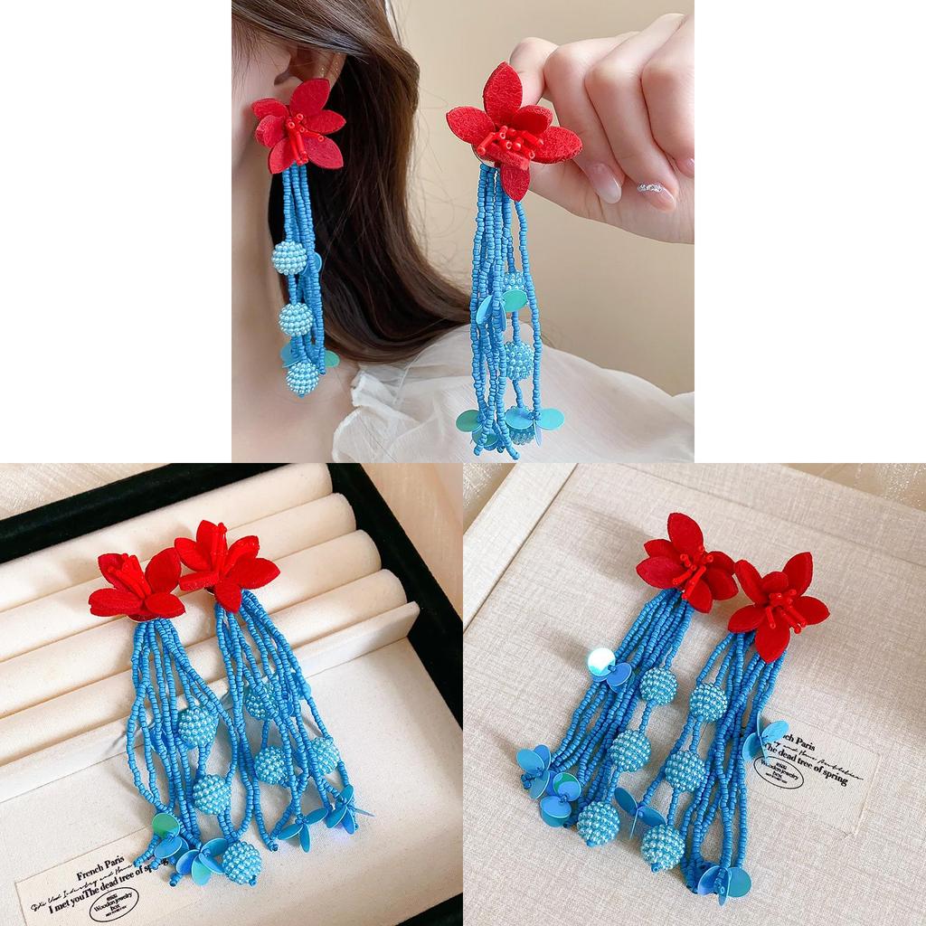 Vintage Floral Long Tassel Earrings For Women With Alloy Material And Handcrafted Design