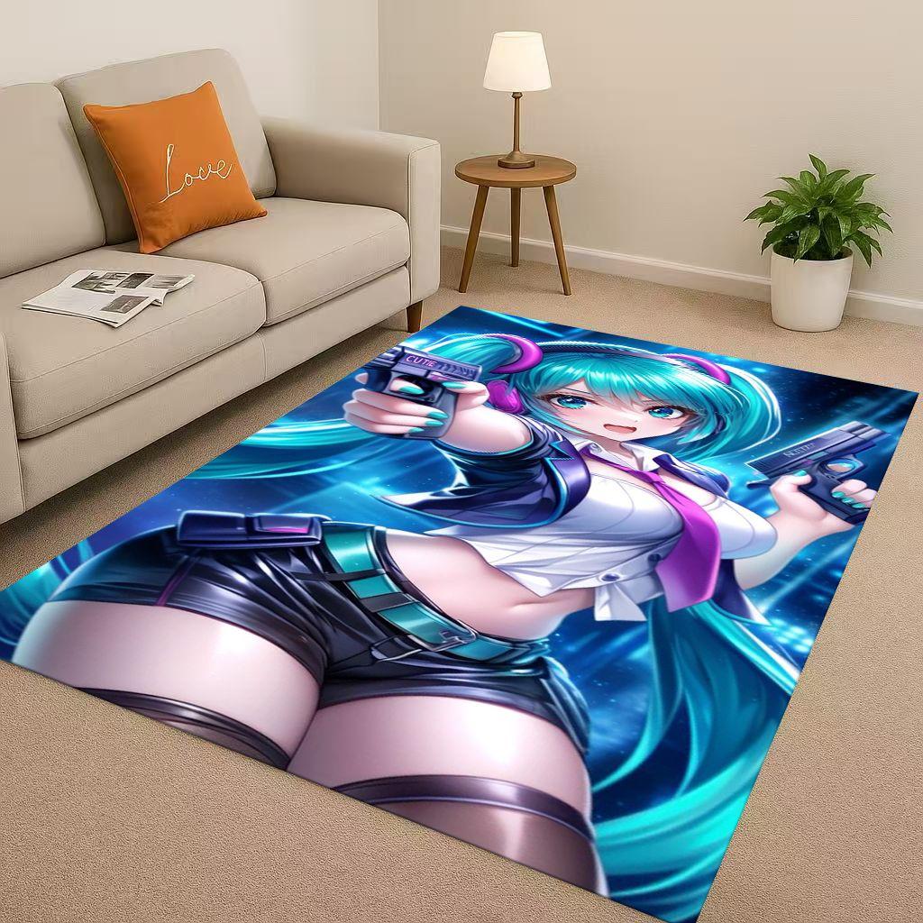 3D Kawaii M MIKU Music Cartoon Girl Living Room Non Slip Area Rug Carpet for Bedroom Playroom Sofa,Easy Clean Home Decor Doormat