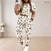 Women Plus Size Two Piece Set Round Neck Short Sleeve White Printed Crop Top Drawstring Cuffed Pants With Pockets