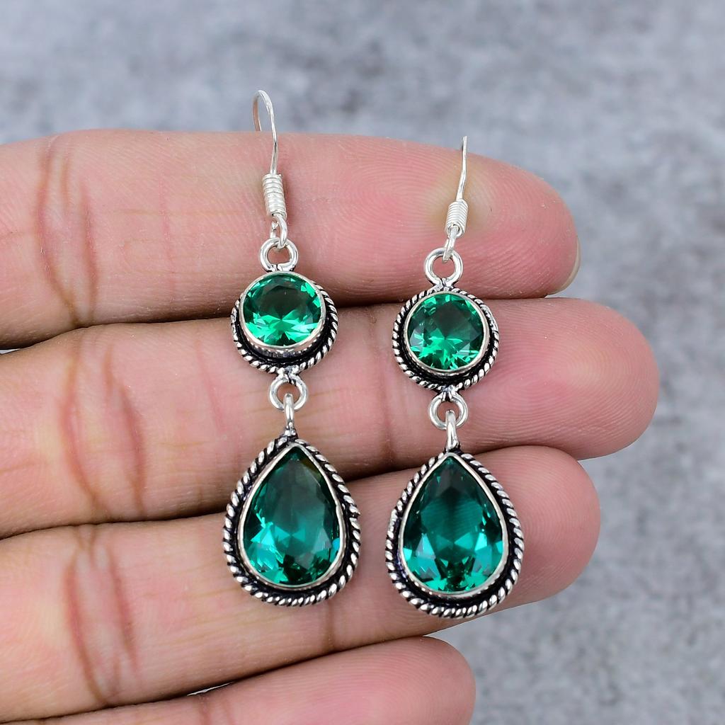Green Tourmaline Gemstone Handmade 925 Sterling Silver Earring 2.56" M-348