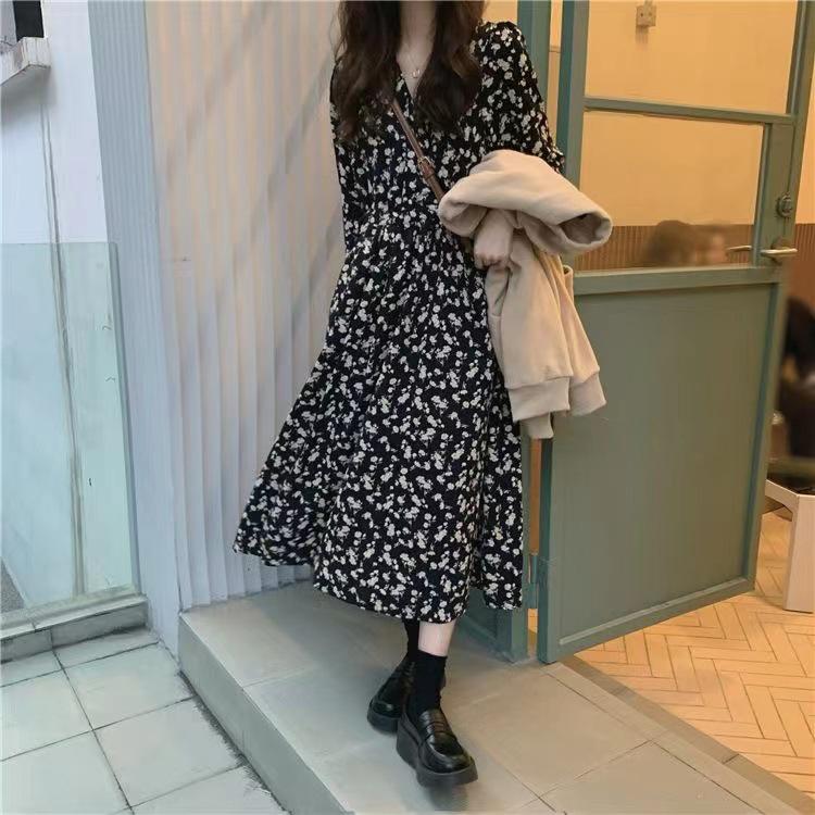 Women's 2024 V-Neck Floral Retro French Tea Break Dress - Autumn/Winter Collection
