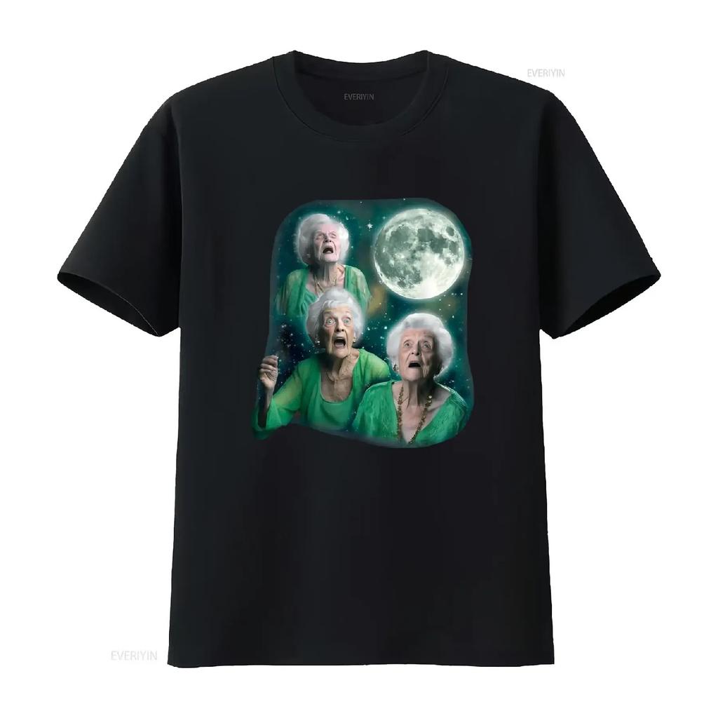 Three Granny Moon 3 Vecchie Signora Che Ululano Strano Maledetto Meme Maglietta vintage Lavata Versatile grafica Unisex moda Morbido homme