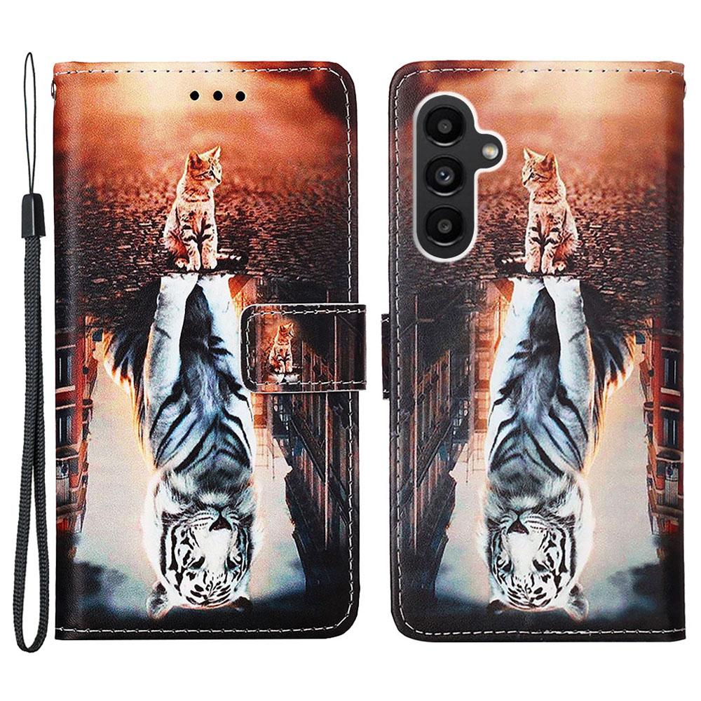 

For Samsung Galaxy A24 4G (162.1mm) Leather Case with Strap and Card Holder Pattern Printing Phone Stand Cover Cat and Tiger