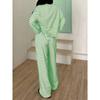 Women's Solid Color Simple Striped Pajama Set, Adjustable Drawstring Pants and Contrasting Round Leader Top Combination